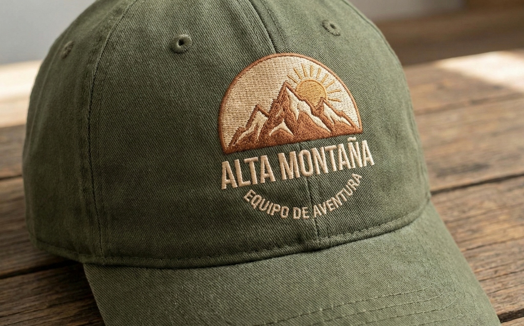 Primer plano de bordado de logo corporativo de alta calidad con textura visible en uniforme gris